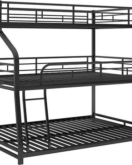 Twin XL/Full XL/Queen Triple Bunk Bed with Long and Short Ladder and Full-Length Guardrails,Metal Bed-Frame for Bedroom/Living Room/Apartment,Guest-Room,Black - LeafyLoom