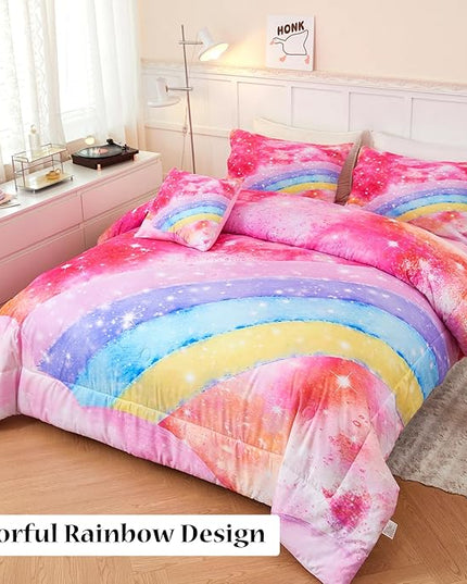 6 Pieces Rainbow Queen Size Bed in A Bag for Girls/Kids/Teens, Colorful Sparkle Tie Dye Girls Comforter Set, Soft Sparkle Glitter Galaxy Bed Sets for All Season - LeafyLoom