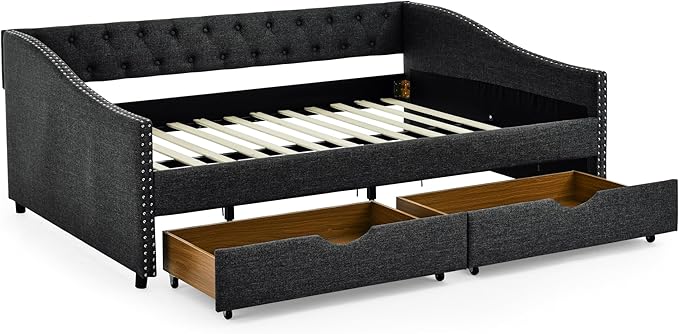 Full Size Mid-Century Daybed, 2 Storage Drawers,Linen Button Upholstered Tufted Bed, Copper Nail on Waved Shape Arms, No Box Spring Needed,for Bedroom, Livingroom - LeafyLoom