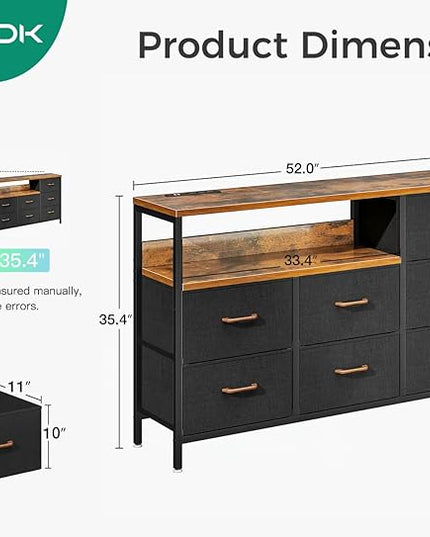 AODK Dresser with Charging Station, 52-Inch Long Dresser for Bedroom with 7 Large Fabric Drawers, Entertainment Center with Open Shelves for 55-Inch TV for Living Room, Black and Vintage - LeafyLoom