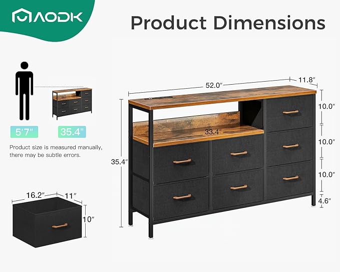 AODK Dresser with Charging Station, 52-Inch Long Dresser for Bedroom with 7 Large Fabric Drawers, Entertainment Center with Open Shelves for 55-Inch TV for Living Room, Black and Vintage - LeafyLoom