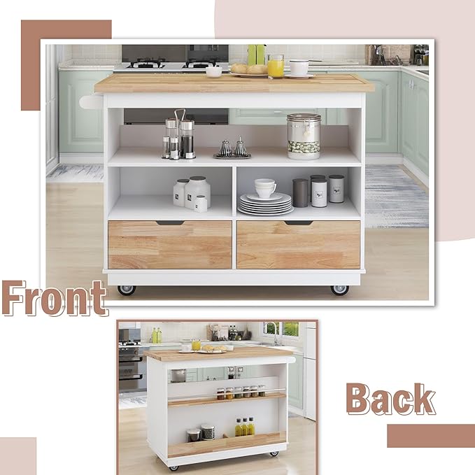 Kitchen Island with Storage, Two-Sided Rolling Extended Table on Wheels w/Wood Top, Wine and Spice Rack, 2 Drawers, 3 Open Compartments for Dinning Room - LeafyLoom