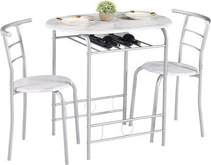 VECELO 3 Piece Small Round Dining Table Set for Kitchen Breakfast Nook, Wood Grain Tabletop with Wine Storage Rack, Save Space, 31.5", White & Silver - LeafyLoom