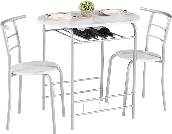 VECELO 3 Piece Small Round Dining Table Set for Kitchen Breakfast Nook, Wood Grain Tabletop with Wine Storage Rack, Save Space, 31.5", White & Silver - LeafyLoom