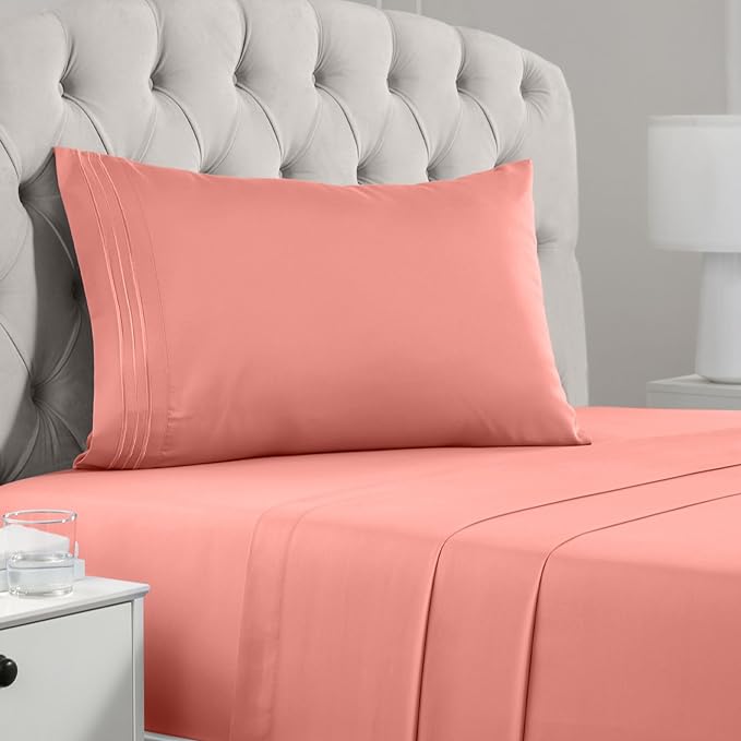 Mellanni Twin Sheets Set - 3 PC Iconic Collection Bedding Sheets & Pillowcases - Hotel Luxury, Extra Soft, Cooling Bed Sheets - Deep Pocket up to 16 inch (Twin, Coral) - LeafyLoom