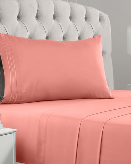 Mellanni Twin XL Sheets Set - 3 PC Iconic Collection Bedding Sheets & Pillowcases - Hotel Luxury, Extra Soft, Cooling Bed Sheets - Deep Pocket up to 16 inch (Twin Extra Long, Coral) - LeafyLoom