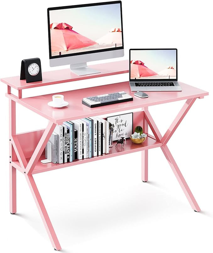 ODK Small Desk, 27.5 Inch Small Computer Desk for Small Spaces, Compact Desk with Storage, Tiny Desk Study Desk with Monitor Stand for Home Office, Pink - LeafyLoom