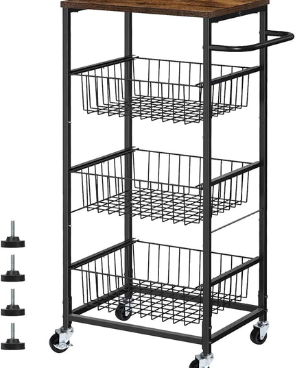Kitchen Storage Cart on Wheels 4 Tier Utility Rolling Cart with Baskets Farmhouse Serving Cart with Handle Mesh Basket Pantry Cart Rack with Wooden Tabletop for Pantry Bathroom Office, Brown - LeafyLoom