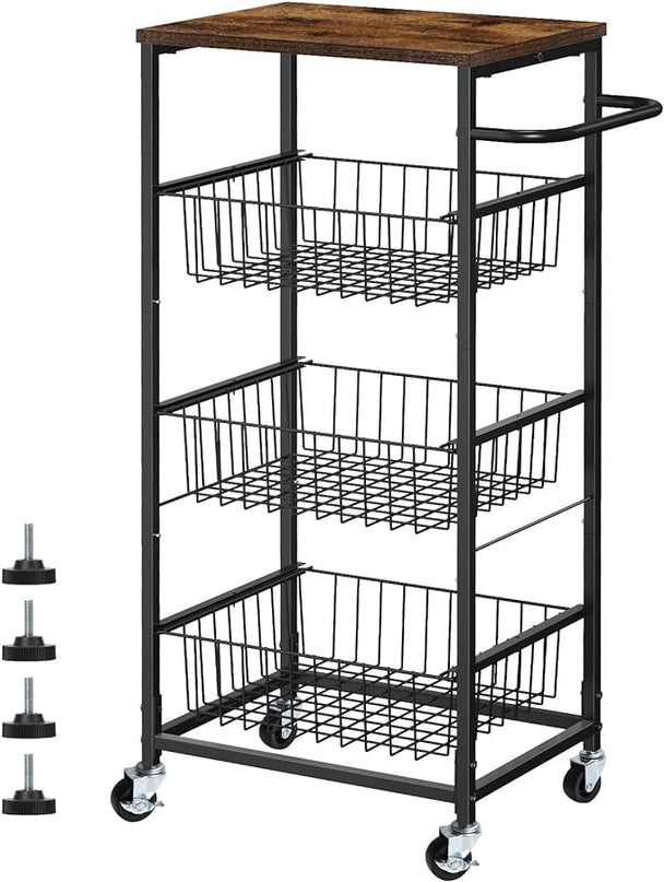 Kitchen Storage Cart on Wheels 4 Tier Utility Rolling Cart with Baskets Farmhouse Serving Cart with Handle Mesh Basket Pantry Cart Rack with Wooden Tabletop for Pantry Bathroom Office, Brown - LeafyLoom