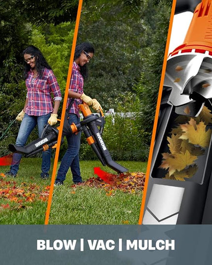 WORX WG509 12 Amp TRIVAC 3-in-1 Electric Leaf Blower with All Metal Mulching System & WG163 GT 3.0 20V PowerShare 12" Cordless String Trimmer & Edger (2 Batteries & Charger Included) - LeafyLoom