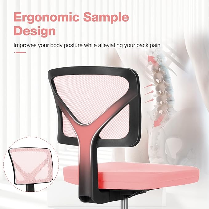 Sweetcrispy Office Computer Desk Chair, Ergonomic Low-Back Mesh Rolling Work Swivel Chairs with Wheels, Armless Comfortable Seat Lumbar Support for Home,Bedroom,Study,Student,Adults, Pink - LeafyLoom