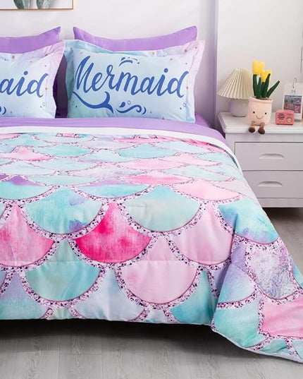 Wajade Kid Mermaid Scale Comforter Bedding Set Full Size, Colorful Rainbow 3D Fish Scale 7 Pieces Soft Bedding Sets with Comforter, Sheet, Pillowcase and Sham for Girls - LeafyLoom