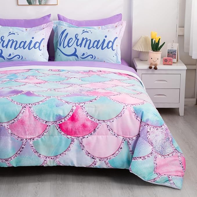 Wajade Kid Mermaid Scale Comforter Bedding Set Full Size, Colorful Rainbow 3D Fish Scale 7 Pieces Soft Bedding Sets with Comforter, Sheet, Pillowcase and Sham for Girls - LeafyLoom