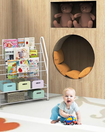 Kids Bookshelf Freestanding for Children Room 32 Inches White Metal Bookcase Large Capacity Books Toys Organizer Stable 5 Tiers Kids Book Rack for Playroom Bookstore Library. - LeafyLoom