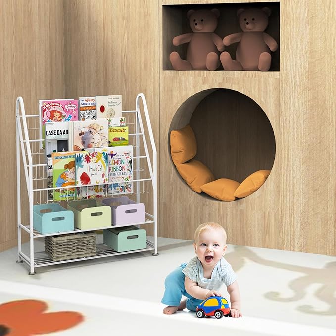 Kids Bookshelf Freestanding for Children Room 32 Inches White Metal Bookcase Large Capacity Books Toys Organizer Stable 5 Tiers Kids Book Rack for Playroom Bookstore Library. - LeafyLoom
