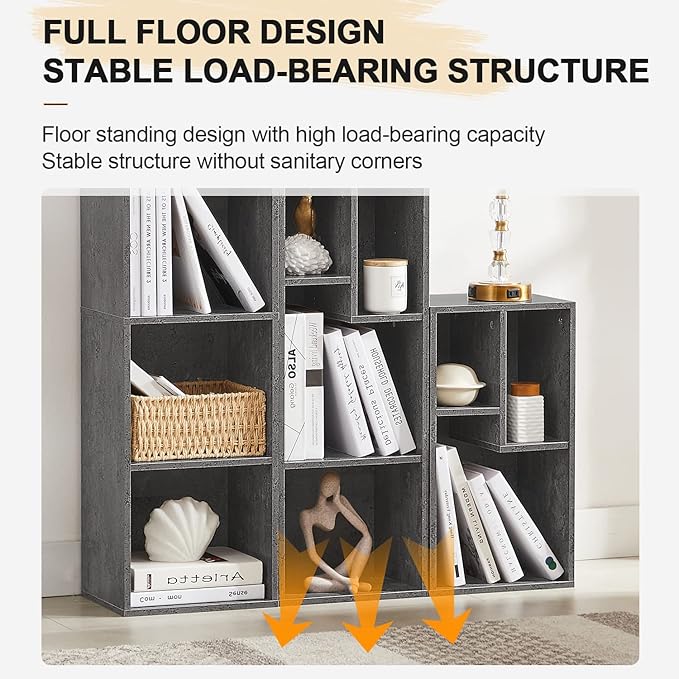 VECELO 3-Tier Small Bookcase, 4 Cube Bookshelf with Height Difference Shelves for Most Books, Modern Floor Standing Unit, Each Shelf Hold Up to 66 LBS for Living Room Bedroom, Grey - LeafyLoom
