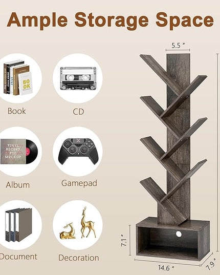 Hoctieon 6 Tier Tree Bookshelf, Tall Bookcase with Drawer, Freestanding Book shelf, Display Floor Standing Storage Shelf, Book Organizer Shelves for Home Office, Living Room, Bedroom, Grey - LeafyLoom