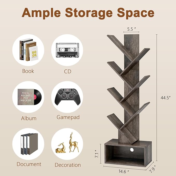 Hoctieon 6 Tier Tree Bookshelf, Tall Bookcase with Drawer, Freestanding Book shelf, Display Floor Standing Storage Shelf, Book Organizer Shelves for Home Office, Living Room, Bedroom, Grey - LeafyLoom