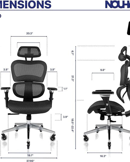 Nouhaus Ergo3D Ergonomic Office Chair Lumbar Support Mesh Office Chair with 4D Adjustable Armrest, Adjustable Headrest and Wheels, Mesh High Back Home Office Desk Chairs(Black) - LeafyLoom