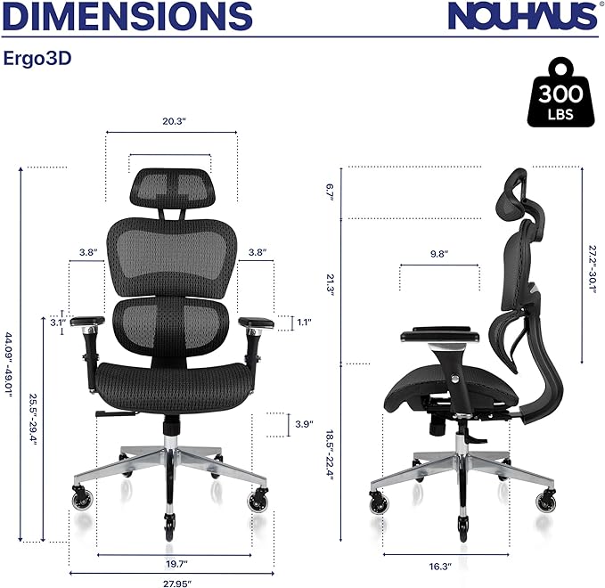 Nouhaus Ergo3D Ergonomic Office Chair Lumbar Support Mesh Office Chair with 4D Adjustable Armrest, Adjustable Headrest and Wheels, Mesh High Back Home Office Desk Chairs(Black) - LeafyLoom