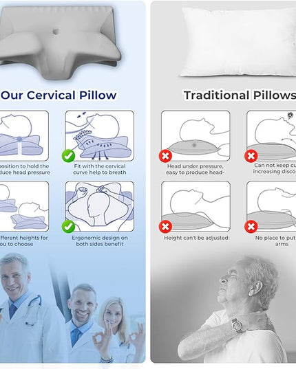 Cervical Pillow for Neck Pain Relief, Cooling Contour Memory Foam Pillows Support Odorless Ergonomic Neck Pillow Adjustable Orthopedic Bed Pillow for Side Back Stomach Sleeper with Pillowcase - LeafyLoom