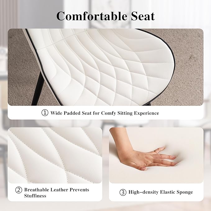 YOUNIKE Dining Chairs Set of 2, Upholstered Faux Leather Dining Room Chairs, Modern Living Room Bedroom Side Chairs with Wide Curved Back and Adjustable Metal Legs, Kitchen Chairs White - LeafyLoom