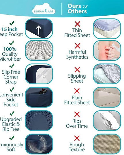 DREAMCARE King Size Sheets Set - Cooling Bed Sheets - 4pcs Set - up to 15" Deep Pocket King Sheet Set – Soft & Long Lasting Cooling - 100% Fine Brushed Polyester with Side Pocket - Navy Blue - LeafyLoom