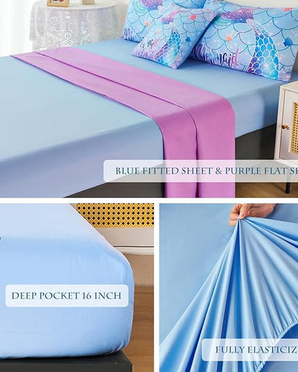 URBONUR 6Pcs Twin Comforter Set for Girls Pastel Purple Blue Mermaid Printed Bedding Set for Girls Bedroom, Soft All Season Bed in a Bag Comforter with Sheet Set, Twin Size - LeafyLoom