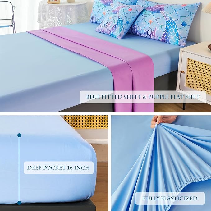 URBONUR 6 Piece Mermaid Tail Comforter Set Full Size, Mermaid Fish Scale Bedding Set for Girls Ombre Purple Blue Sparkle Comforter with Sheets Set Soft All Season Room Decor Bed Set - LeafyLoom