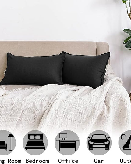 Jeanerlor Natural Cotton Linen Green Decorative 12"x20" Throw Pillow Case Cushion Cover with Twin Needles Stitch on Edge for Lumbar, (30 x 50cm), 2 Pcs, Black - LeafyLoom