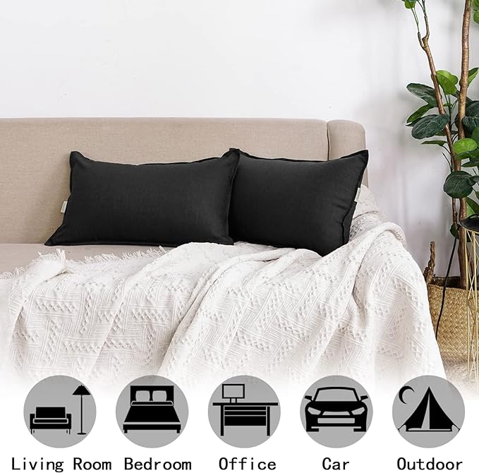 Jeanerlor Natural Cotton Linen Green Decorative 12"x20" Throw Pillow Case Cushion Cover with Twin Needles Stitch on Edge for Lumbar, (30 x 50cm), 2 Pcs, Black - LeafyLoom
