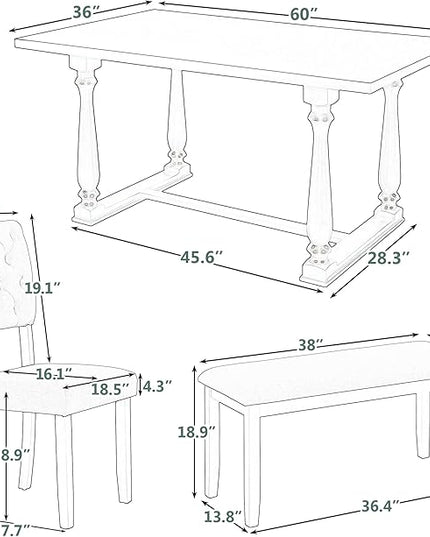 RITSU 6 Piece Retro Dining Table Set with 4 Tufted Button Thick Foam Chairs and 1 Bench, Solid Wood Structure w/Shaped Legs, Suitable for Living Room, Apartment, Gray, 60inch - LeafyLoom