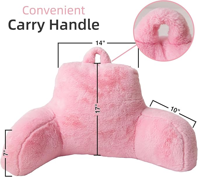 A Nice Night Faux Fur Reading Pillow Bed Wedge Large Adult Children Backrest with Arms Back Support for Sitting Up in Bed/Couch for Bedrest,BabyPink - LeafyLoom
