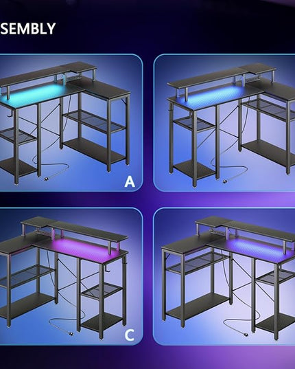 Gaming Desk with Power Outlets & Music Strip Lights, L-Shaped Desk with 2-Layer Storage on Both Sides, Large Monitor Stand for Office Home - LeafyLoom