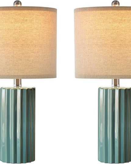 Oneach 21'' Farmhouse Ceramic Table Lamp Set of 2 for Bedroom Living Room House Decor Deep Blue Desk Lamps Home Office Dorm Rustic Modern Style Lamp - LeafyLoom