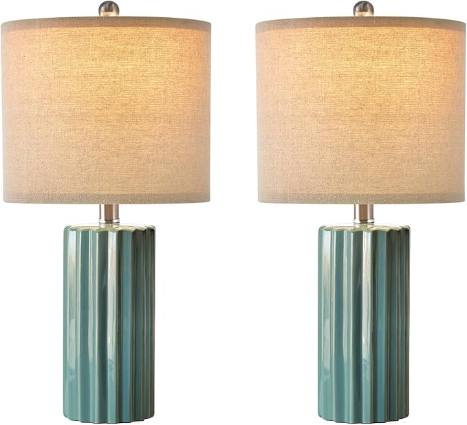 Oneach 21'' Farmhouse Ceramic Table Lamp Set of 2 for Bedroom Living Room House Decor Deep Blue Desk Lamps Home Office Dorm Rustic Modern Style Lamp - LeafyLoom
