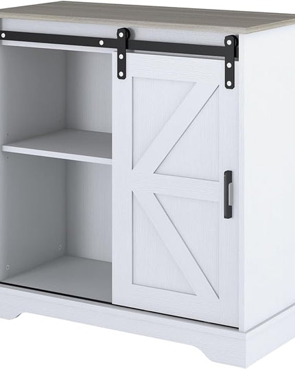 Panana Sliding Barn Door Buffet Sideboard Storage Cabinet Coffee Bar Kitchen Farmhouse Style (White Cabinet Nature Top) - LeafyLoom