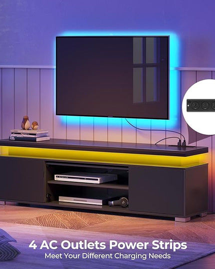 Rolanstar TV Stand with Power Outlet & LED Lights, Modern Entertainment Center for 32/43/50/55/65 Inchs TVs, TV Table, Universal Gaming LED TV Media Stand with Large Storage Cabinet, Black - LeafyLoom
