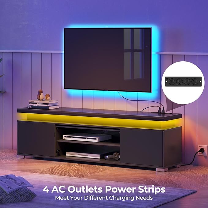 Rolanstar TV Stand with Power Outlet & LED Lights, Modern Entertainment Center for 32/43/50/55/65 Inchs TVs, TV Table, Universal Gaming LED TV Media Stand with Large Storage Cabinet, Black - LeafyLoom