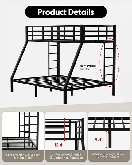 Metal Twin XL Over Queen Bunk Bed, Heavy Duty Twin XL Bunk Bed with 2 Safety Side Ladder and Full Length High Guardrail for Teens and Adults, Noise-Reduced - LeafyLoom