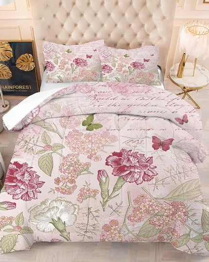 kxry Pink Flower Comforter Sets Butterfly Bedding Sets King Size Comforter Set for Girls Women Kids 1 Comforter + 2 Pillow Case - LeafyLoom