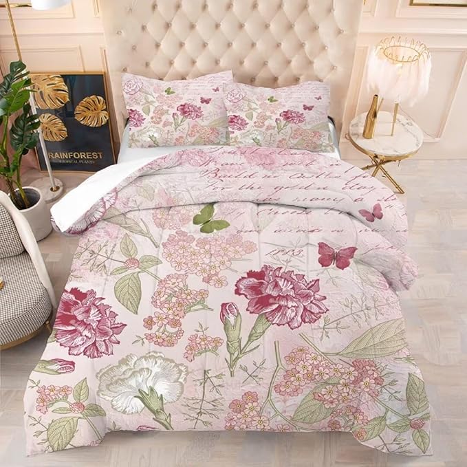 kxry Pink Flower Comforter Sets Butterfly Bedding Sets King Size Comforter Set for Girls Women Kids 1 Comforter + 2 Pillow Case - LeafyLoom