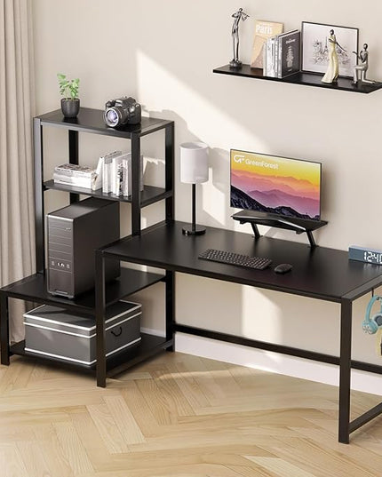 GreenForest Computer Desk 67 inch with Storage Printer Shelf, Reversible Gaming Home Office Desk Large Study Writing Table with Movable Monitor Stand and 2 Headphone Hooks for PC Working, Black - LeafyLoom