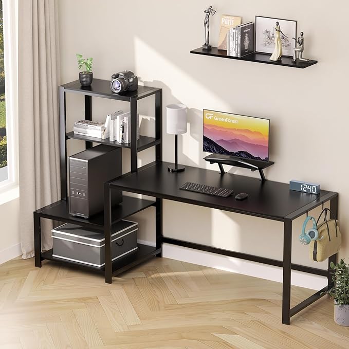 GreenForest Computer Desk 67 inch with Storage Printer Shelf, Reversible Gaming Home Office Desk Large Study Writing Table with Movable Monitor Stand and 2 Headphone Hooks for PC Working, Black - LeafyLoom