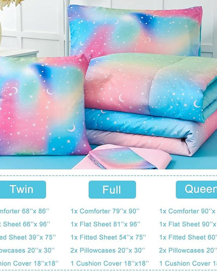 URBONUR Kids Bedding Set Twin Size 6 Pieces Comforter & Sheet Set Colorful Rainbow Tie Dye Stars Printed Girls Bedding Set Ultra Soft Bed Sets - LeafyLoom