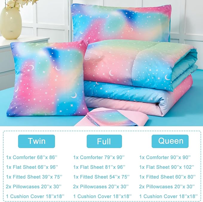 URBONUR Queen Size Comforter Set, Rainbow Stars Queen Bedding Set for Teen Girls Women, 6 Pieces Comforter, Flat Sheet, Fitted Sheet & Pillowcases - LeafyLoom