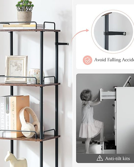 5-Tier Tall Bookshelf, Narrow Bookcase with guardrail, Freestanding Storage Stand Display Rack for Living Room, Bedroom, Home Office, Rustic Brown and Black - LeafyLoom