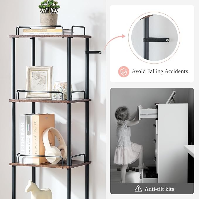 5-Tier Tall Bookshelf, Narrow Bookcase with guardrail, Freestanding Storage Stand Display Rack for Living Room, Bedroom, Home Office, Rustic Brown and Black - LeafyLoom