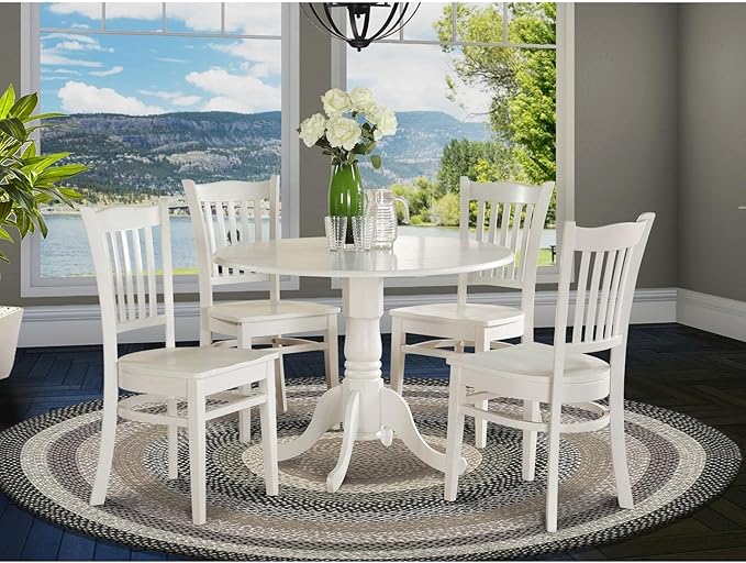 East West Furniture Dublin 5 Piece Kitchen Set Includes a Round Room Table with Dropleaf and 4 Dining Chairs, 42x42 Inch, Linen White - LeafyLoom
