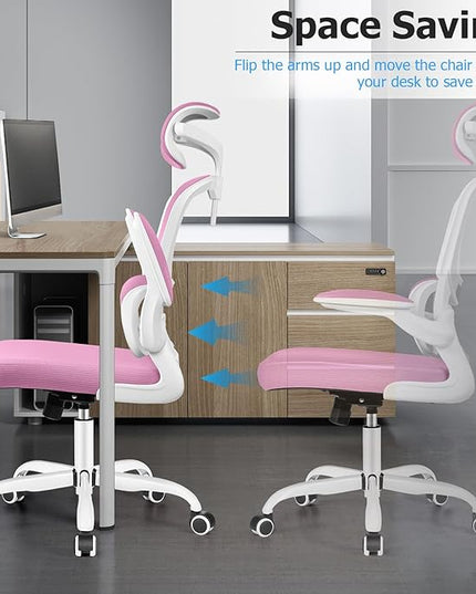 Ergonomic Office Desk Chair, High Back Mesh Chair with Lumbar Support and Adjustable Headrest, Computer Gaming Chair with Flip-up Armrests, Executive Swivel Chair for Home Office (Pink) - LeafyLoom